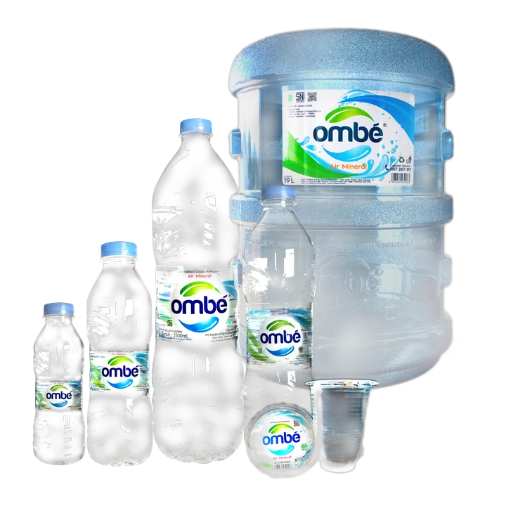 Enam ukuran ombé berjajar: gelas 220 ml, botol 250, 350, 600 dan 1500 ml, galon 19 L